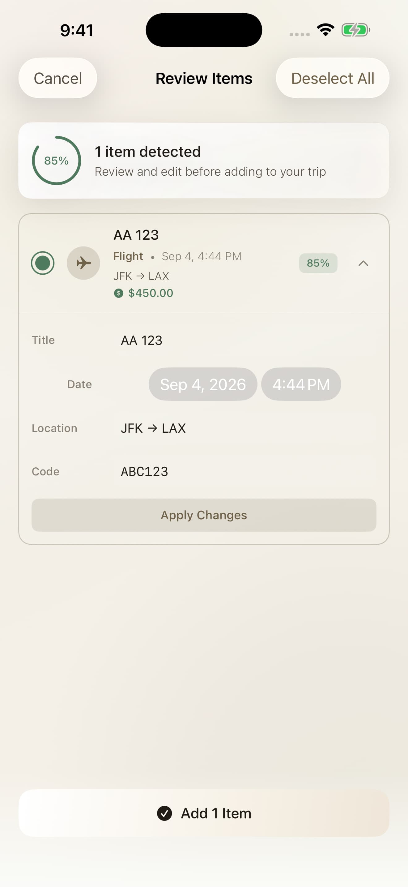 Travel Agent AI native booking editor showing editable title, date, location, and sample confirmation code ABC123