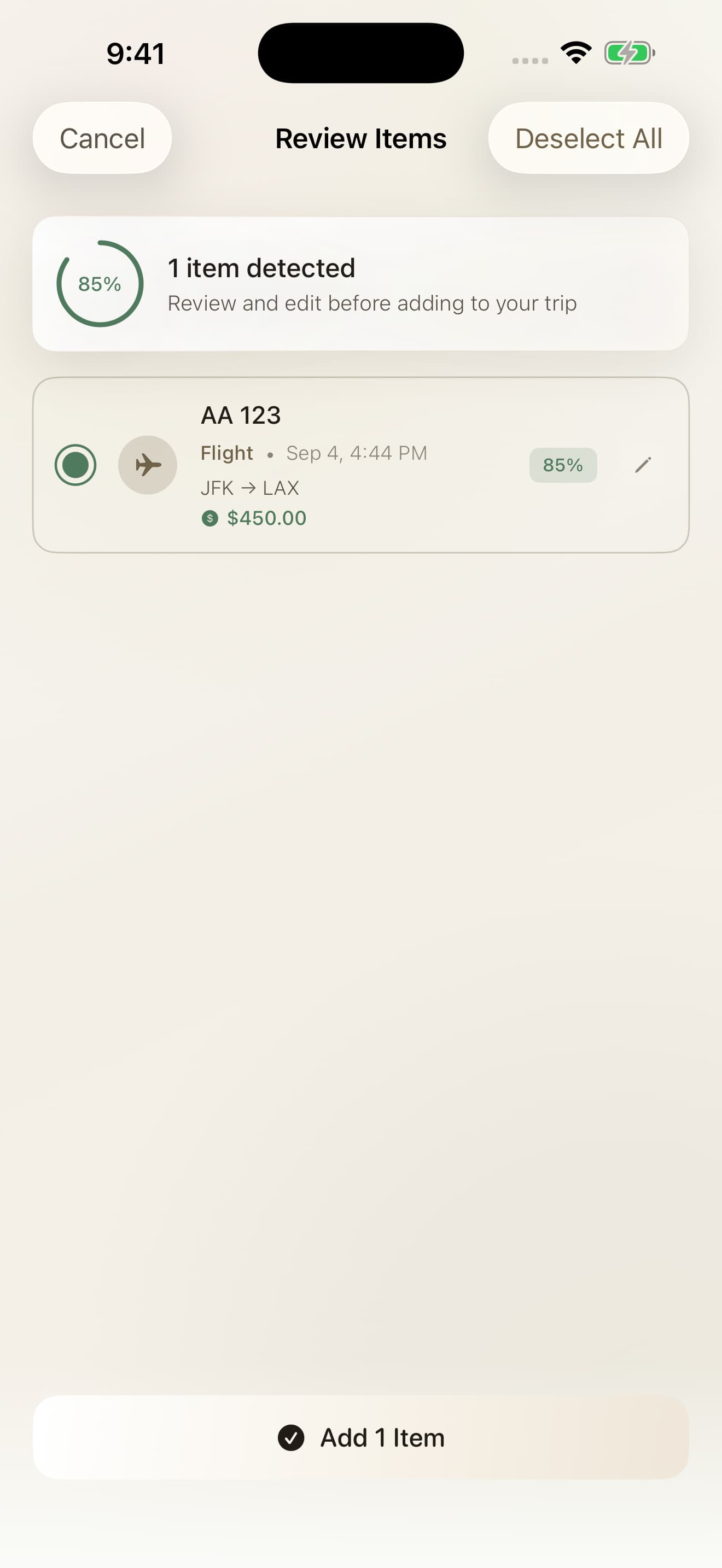 Travel Agent AI native review screen with a selected sample AA 123 flight from JFK to LAX